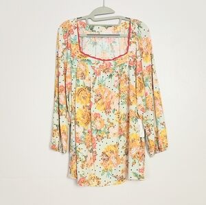 Fig And Flower Tunic Top Anthro 3X Women's Long Sleeve Flowy Blouse Linen Square